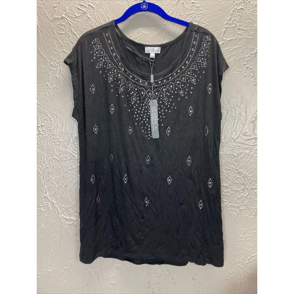 Joseph A Women's Black Studded Embellished Front Round Neck Shirt Size Large